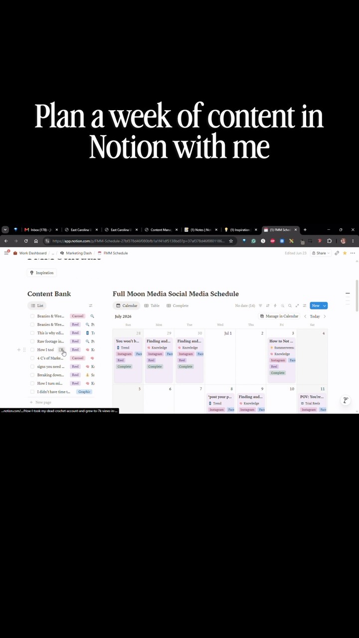 Planning a week of content shouldn’t feel like starting from zero every time. 📝✨

Here’s what it actually looks like in my @Notion workspace:
→ A running list of content ideas sitting right next to my calendar, already sorted by pillar, so if I’m missing something specific I can grab it and drop it in without scrolling through a random doc trying to remember what I saved three weeks ago
→ Color-coded calendar so I can see at a glance if I’m leaning too hard on one pillar and neglecting the others
→ Drag and drop everything, because plans change, shoots get pushed, and I refuse to retype an entire week just because Tuesday didn’t go how I thought it would

This is the exact system I use for my own content and for clients. If you’ve been duct-taping together a planning process out of sticky notes and vibes, there’s a better way.

Comment NOTION and I’ll send you the link 🌙